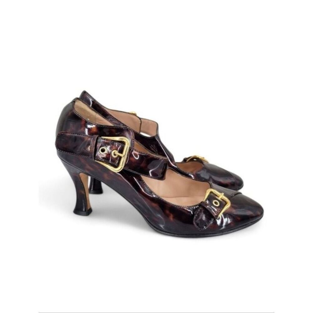 Anyi Lu Patent Leather Tortoise Mary Jane Shoes Heels with Gold Buckles